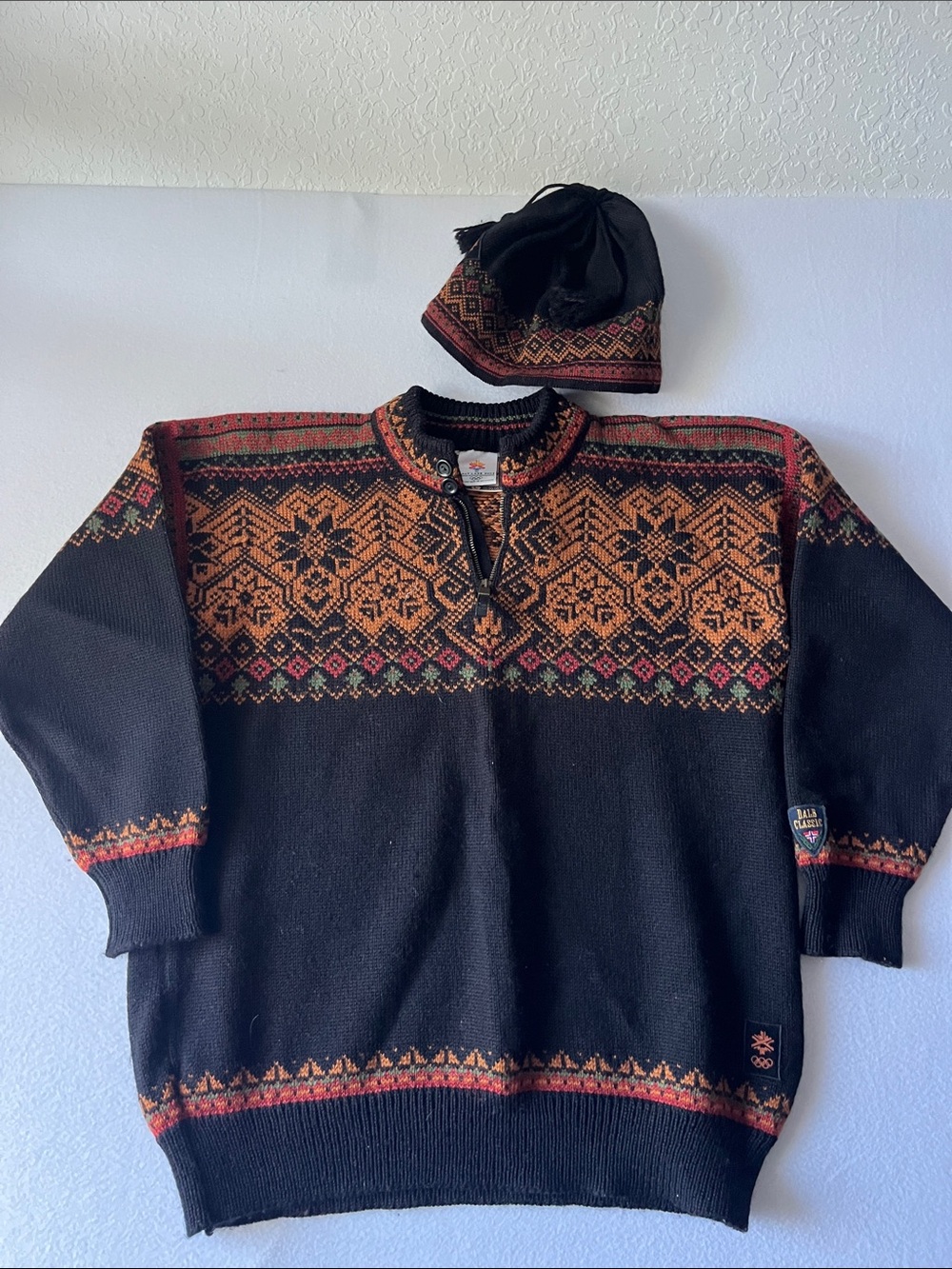 Dale of Norway Black Zip-Up Sweater & Cap  From 2002 SLC Olympics
